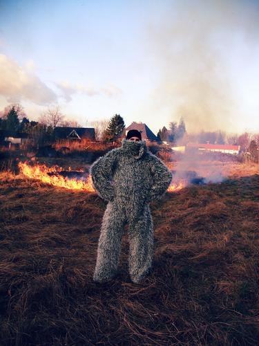 Burn Baby Burn! Fire Meadow Grass Sky Field Flame Smoke Carnival Hay Dry Combustible Arsonist Man Blaze Yeti Exterior shot