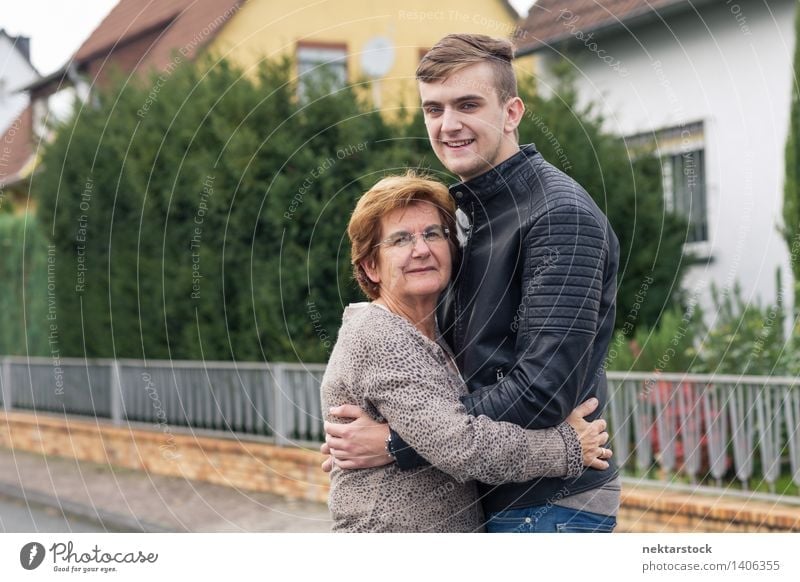 happy young adult with his grandmother Joy Happy Garden Retirement Woman Adults Man Family & Relations Street Old Smiling Love Embrace Happiness Emotions Pride
