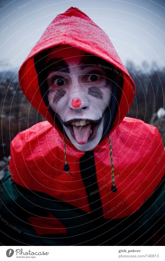 Crazy clown. Clown Portrait photograph Man Teeth Street Trash Nose Clothing Siberia Air Hooded (clothing) Head Hat Joy grimm men tought Rain Red Dark hoody
