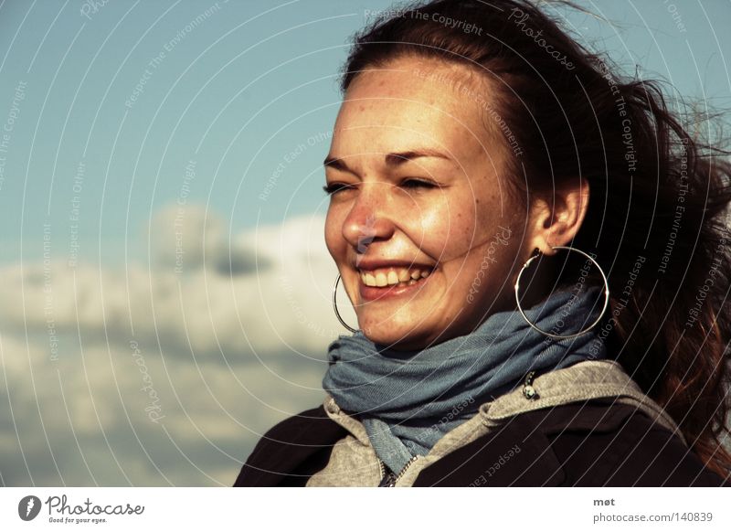 towards the sun Hair and hairstyles Face Beach Ocean Human being Feminine Woman Adults Youth (Young adults) Sky Clouds Wind Coast Earring Scarf Laughter Blue