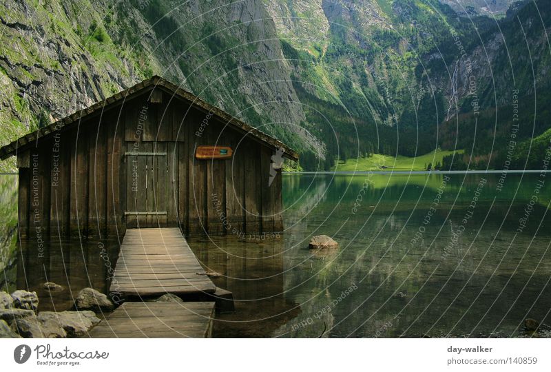 Cottage in Königssee Lake Königssee Lake Obersee Water Hut House (Residential Structure) Alpine pasture Reflection Mountain Massive German Alps Wall of rock