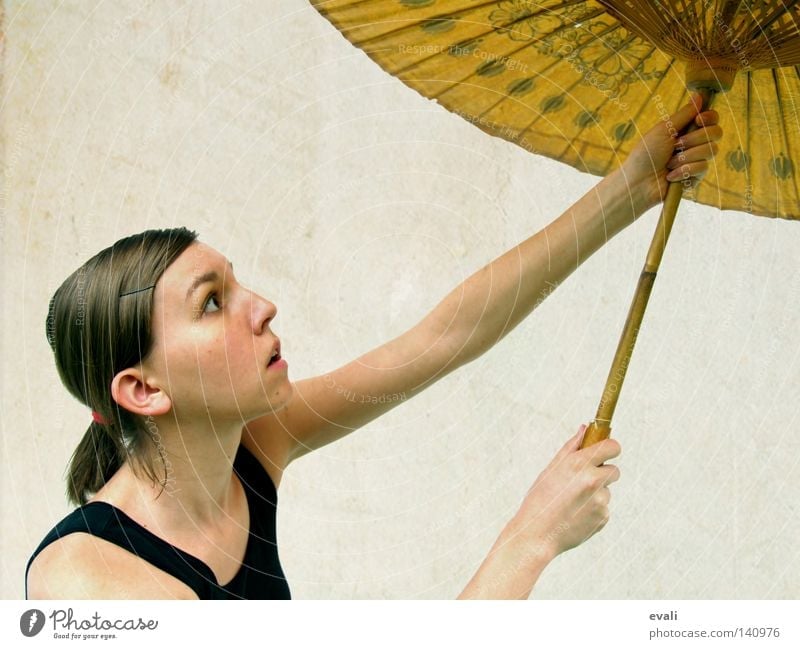And our love will take us away Portrait photograph Woman Black Sunshade Hair and hairstyles Face umbrella