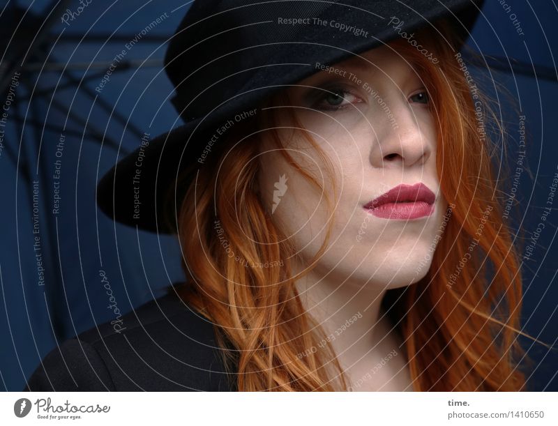 . Feminine 1 Human being Jacket Umbrella Hat Red-haired Long-haired Curl Observe Think Looking Wait Dark Beautiful Cool (slang) Willpower Brave Protection