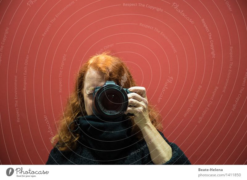 Self-portrait. I see red. Lifestyle Camera Feminine Head Hair and hairstyles Arm Red-haired Breathe Discover Looking Esthetic Black Happiness Contentment