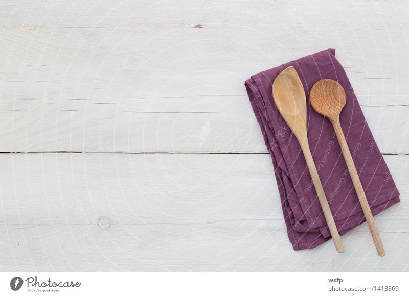 Cooking spoon background Kitchen Restaurant Gastronomy Wooden spoon Old Violet White Napkin Wooden board two Wooden table Wooden sign Bright background boards