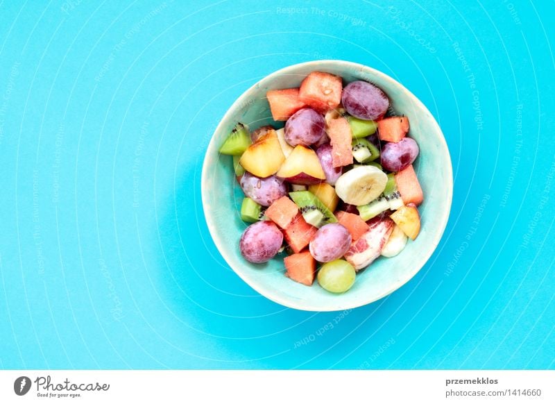 Salad with fresh fruits Food Vegetable Fruit Nutrition Organic produce Vegetarian diet Diet Bowl Table Simple Fresh Bright Delicious Clean Blue background