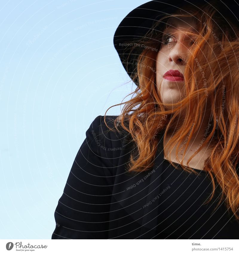 redhead woman with hat Feminine 1 Human being Sky only Beautiful weather T-shirt Jacket Hat Red-haired Long-haired Observe Think Looking Wait pretty