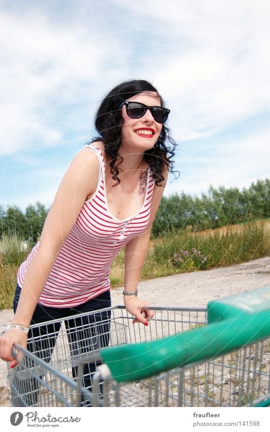 Joy in the wasteland Blue Far-off places Free Freedom Clouds Soft White Meadow Green Tree Oxygen Woman Tattoo Tattoo studio Tattooed Shopping Trolley