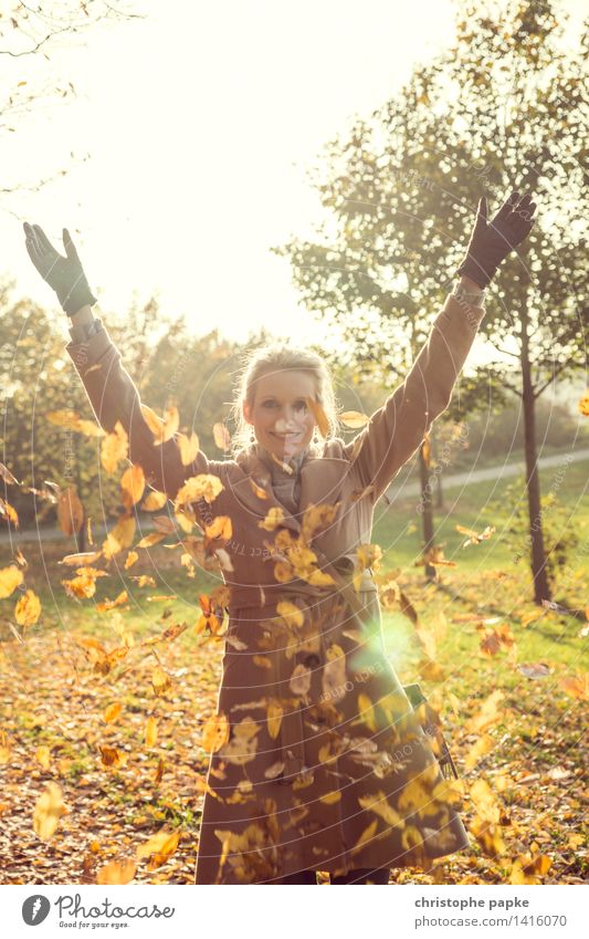 Fallin' leaves Woman Adults 1 Human being 30 - 45 years Nature Autumn Tree Leaf To fall Throw Blonde Colour photo Exterior shot Copy Space top Day Light