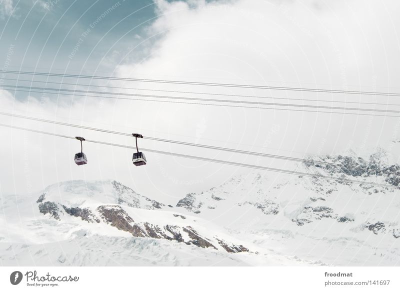 gondelei Colour photo Exterior shot Copy Space top Neutral Background Day Sunlight Long shot Wide angle Winter Snow Mountain Sky Glacier Cable car Cold White