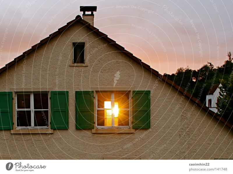 ray of hope Window Sun House (Residential Structure) Roof Church Church spire Light Bright Yellow Sunbeam Sunset Brick Facade Clouds Sky Evening Pervasive