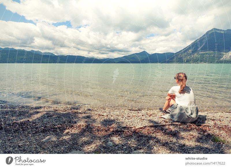 epicure Human being Feminine Young woman Youth (Young adults) Woman Adults Back Think Relaxation Landscape Mountain Lake Walchen Mountain lake Coast Gravel