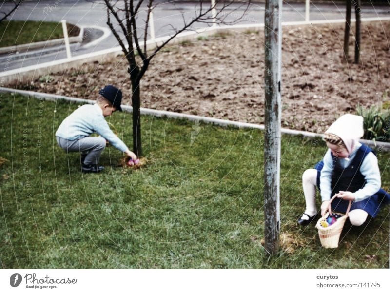 Happy Easter! Search Basket Meadow Old-school Sixties Seventies Happiness Safety (feeling of) Tree Spring Child Girl Siegerland Egg egg search Street Former Hat