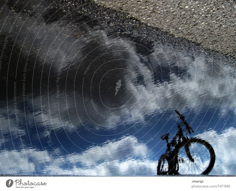 I like my bike Bicycle Wet Water Mirror Sky Clouds Driving Stand Parking Cycling tour Summer Asphalt Street Silhouette Reflection Unclear Blur Mountain bike