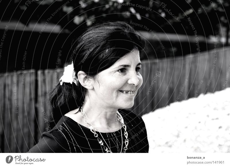romanian maid Black & white photo Silhouette Profile Woman Adults Sand Jewellery Braids Laughter Tooth space Golden necklace Side Brown eyes Elastic hairband
