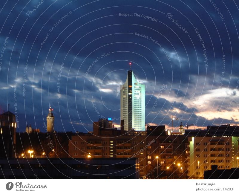 Leipzig City Town Clouds High-rise Twilight Architecture university giants Light Skyline City-Hochhaus Leipzig
