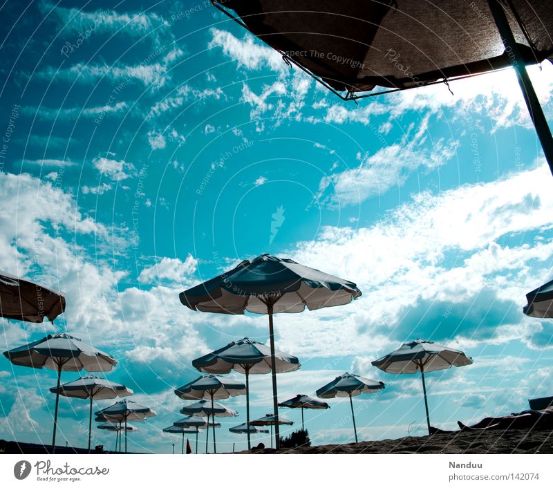 Foreign world Beach Ocean Vacation & Travel Wide angle Perspective Exceptional Unfamiliar Blue Sky Moon landing Extraterrestrial Sunshade Summer Varna Bulgaria
