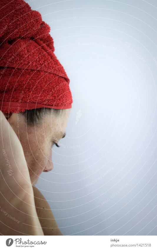 Woman with red towel turban Lifestyle pretty Personal hygiene Hair and hairstyles Skin Face Wellness Harmonious Well-being Senses Relaxation Calm