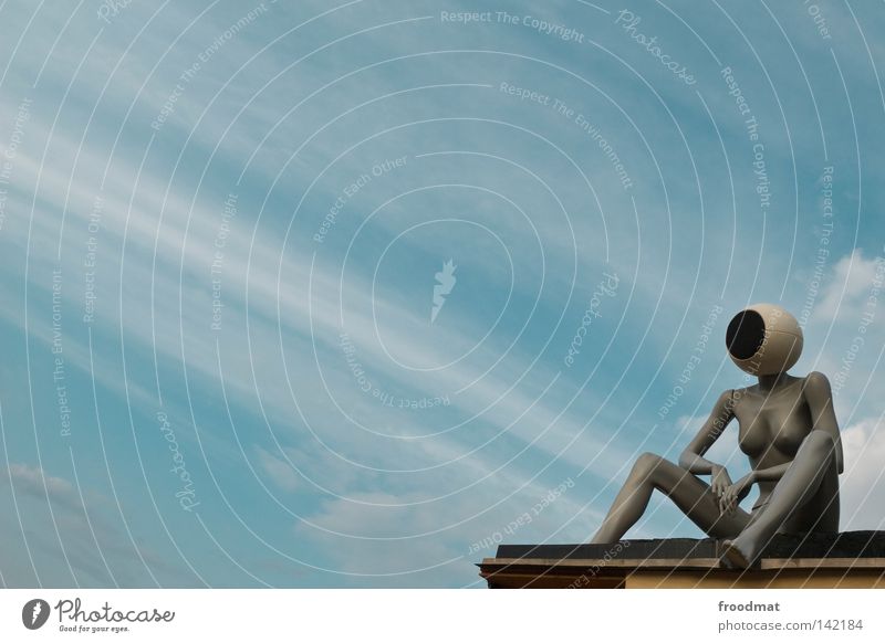 headphones Things Clouds Headphones Loudspeaker Mannequin Vantage point Art Diagonal Woman Techno Audience Symbols and metaphors Relaxation Easygoing Naked