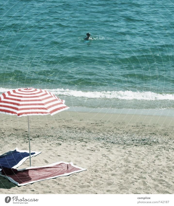 Manfred, I'm going swimming! Beach Vacation & Travel Ocean Summer Summer vacation Sunshade Deckchair Waves Surf Sandy beach Maritime Mediterranean