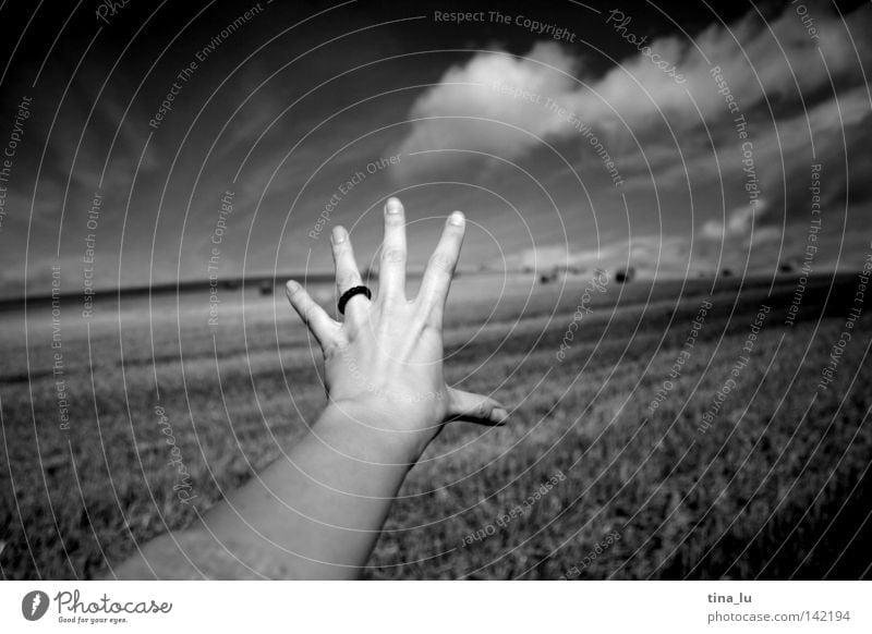 wanderlust Black White Cornfield Grain Arm Hand Catch Straw Bale of straw Far-off places Fingers Longing Clouds Meteorology Weather Wanderlust Sky Human being