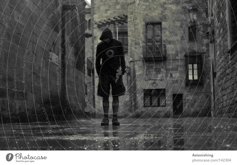 dark man in a dark alley Dark Black & white photo Contrast Colorless Man Gray Dangerous Rain Window Alley Stone Street Barcelona Stand Ground Wall (barrier)