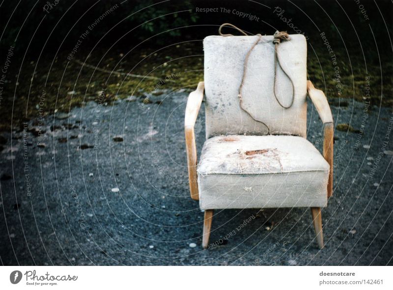 stay. Armchair Chair Rope Old Dirty Broken Grief Death Distress Moral Transience Ancient Hanging Bolster Analog Dark End Colour photo Subdued colour