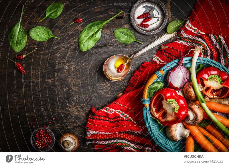 Fresh vegetables in a basket on the kitchen table Food Vegetable Herbs and spices Cooking oil Nutrition Lunch Dinner Organic produce Vegetarian diet Diet Bowl