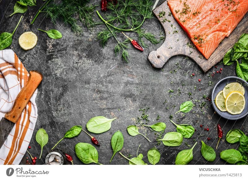 Salmon fish fillets and fresh ingredients for cooking Food Fish Vegetable Lettuce Salad Herbs and spices Nutrition Lunch Dinner Buffet Brunch Banquet Diet
