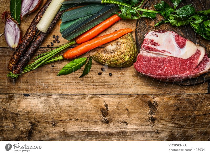 Breast of beef and vegetables Cook ingredients for soup or broth Food Meat Vegetable Herbs and spices Nutrition Lunch Dinner Organic produce Diet Style Design