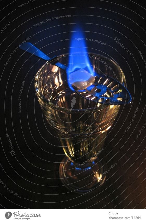 absinthe ritual Absinthe Green Spoon Sugar Lump sugar Ritual Alcoholic drinks Glass Blaze Flame Blue drinking ritual