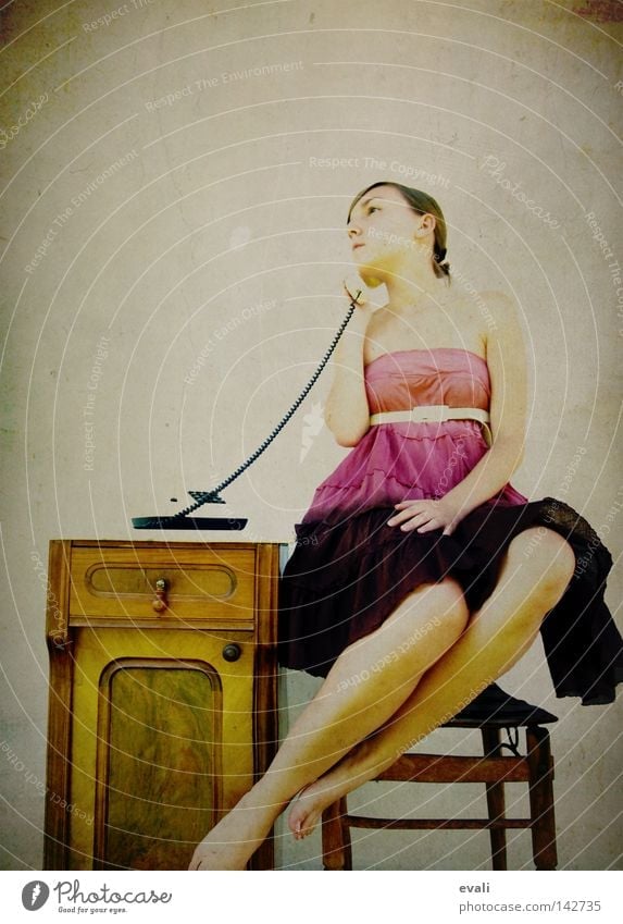 I am free, free reeling Portrait photograph Woman Dress Violet Pink Telephone Hover Clothing purple call Chair levitate small box Legs