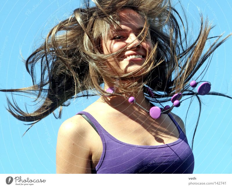 Jana Jump Violet Hair and hairstyles Portrait photograph Upper body Woman Eroticism Style Movement Chain Flying Blue Sky Brown Brunette Joy lily Laughter