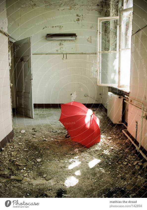 sunrays Umbrella Sunshade Red Things Wet Physics Damp Forget Loneliness Door handle Undo Close Heater Cold Room Plaster Building rubble Derelict Empty Window