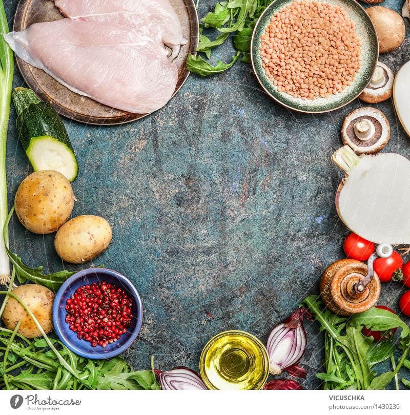Chicken breast, red lentils and fresh vegetables Food Meat Vegetable Lettuce Salad Herbs and spices Cooking oil Nutrition Lunch Dinner Banquet Organic produce