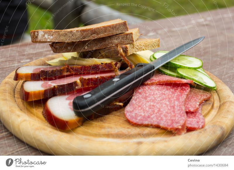 BREAD TIME I Food Meat Sausage Vegetable Bread Lunch Brunch Knives Delicious Salami Slices of cucumber Cucumber Bacon Cheese Cheese sandwich Appetite Hiking