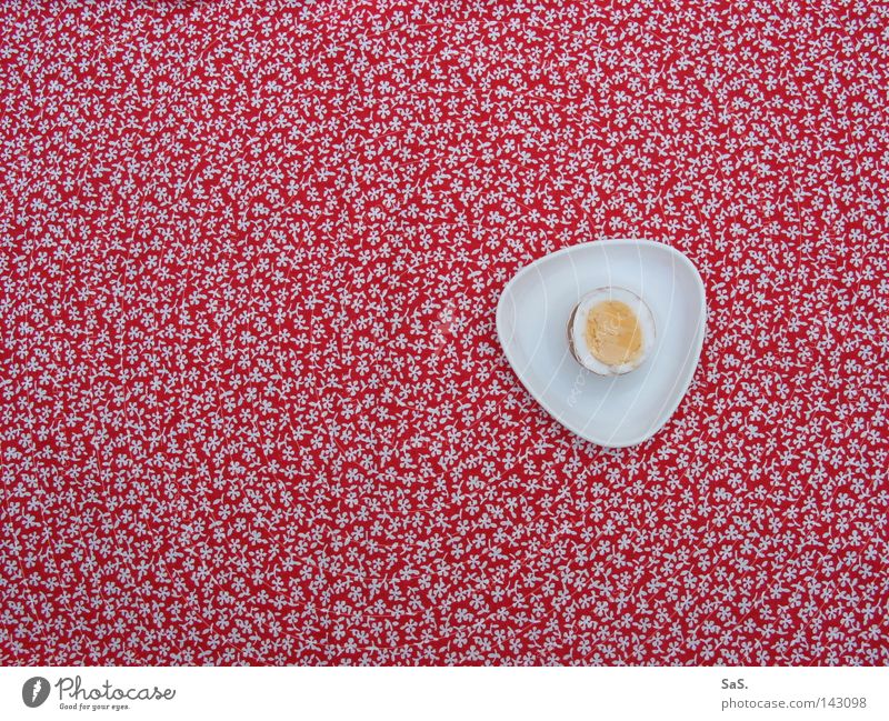 My, look here. Nutrition Breakfast Table Kitchen Flower Cloth Delicious Above Retro Yellow Red White Loneliness Albumin Yolk Egg cup Triangle Eggshell Hard