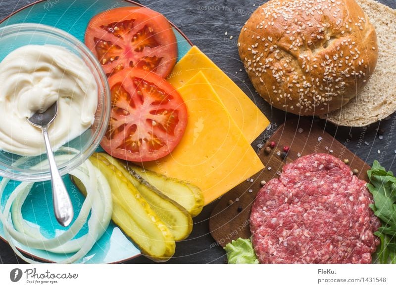 It's Burger Time Food Meat Cheese Dairy Products Vegetable Lettuce Salad Dough Baked goods Roll Nutrition Fast food Fresh Delicious Hamburger Pepper Tomato