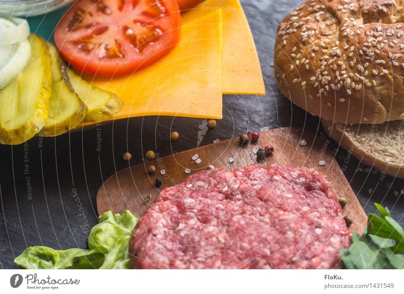 burger time Food Meat Cheese Vegetable Lettuce Salad Dough Baked goods Roll Herbs and spices Nutrition Lunch Fast food Cook Kitchen Fresh Delicious Yellow Red