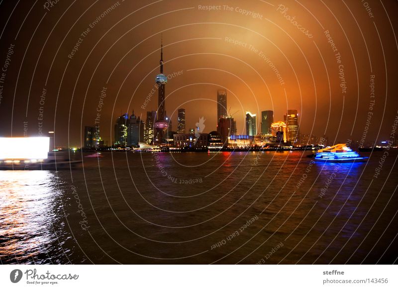 big city lights Skyline High-rise Exceptional Town Shanghai China Pu Dong Sea of light Berlin TV Tower advertising boat Multicoloured Light
