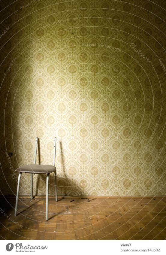stool absence Chair Furniture Wall (building) Wallpaper Pattern Structures and shapes Parquet floor Wood Old Shabby Seating Stool Floor covering Ground