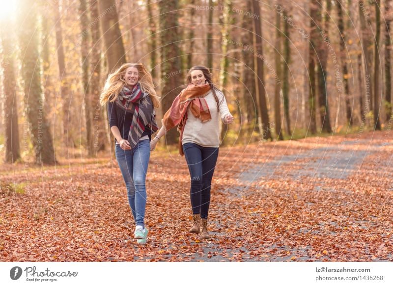 Two joyful women running through a park Lifestyle Joy Face Sun Woman Adults Friendship Hand 2 Human being 18 - 30 years Youth (Young adults) Nature Autumn Leaf