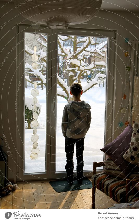 snow Human being Masculine Child Boy (child) Infancy 1 8 - 13 years Looking Stand Snow Winter House (Residential Structure) Window Terrace Bright Tree Garden