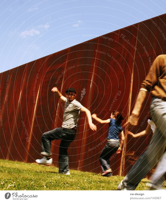 WE'VE GOT REASON TO BE HAPPY. Human being 4 3 2 Man Woman Grass Grass surface Running Playing Playground Wall (building) Rust Steel Contrast Crazy Walking