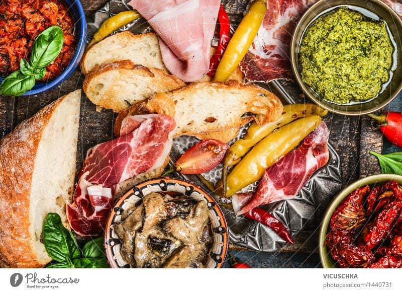 Antipasti : ciabatta, pesto and ham Food Meat Sausage Vegetable Herbs and spices Cooking oil Lunch Dinner Buffet Brunch Picnic Italian Food Plate Bowl Life