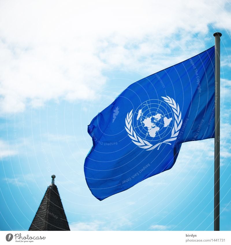 70 Years United Nations Sky Clouds Beautiful weather Wind Spire Sign Flag Advice Movement Esthetic Authentic Together Positive Blue White Acceptance Safety