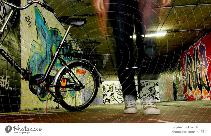 HeidiBike Underpass Long exposure Bicycle Folding bicycle Going Feet Footwear Chucks Graffiti Movement Walking Passage