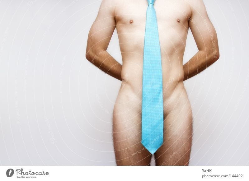 overdressed Tie Naked Upper body Arm Chest Stomach Man Gray White Blue Detail Section of image Partially visible Format Body Parts of body Headless Clothing