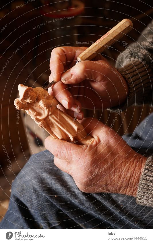 wood carver Craftsperson Workplace Male senior Man Hand Fingers 60 years and older Senior citizen Art Artist Wood Work and employment Carving Manger Advent