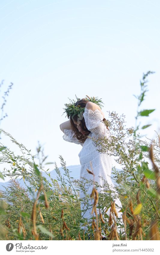 Dancing with the plants Beautiful Feminine Girl Young woman Youth (Young adults) Nature Landscape Cloudless sky Spring Summer Beautiful weather Plant Field